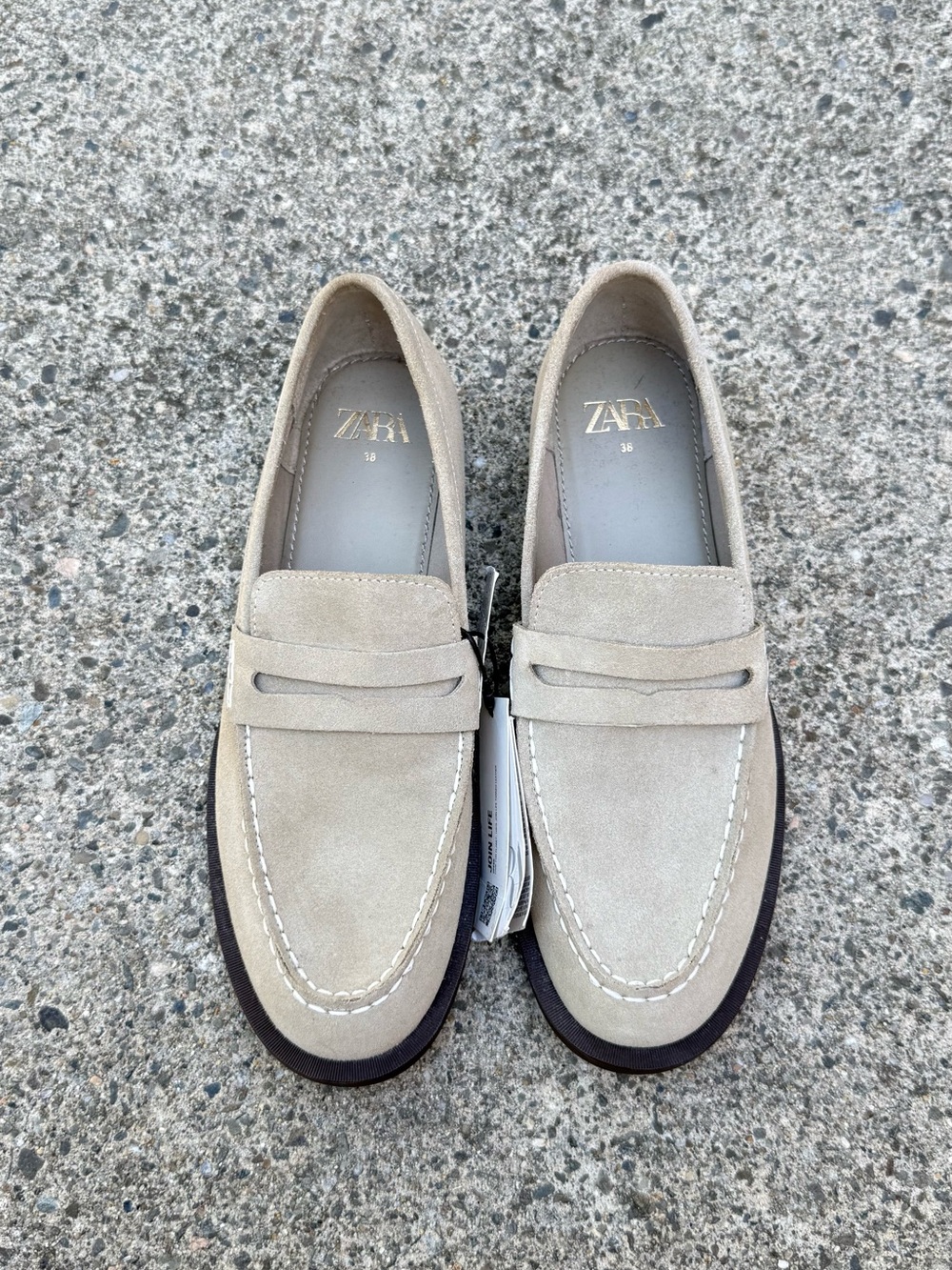 Zara Beige Suede Penny Loafers Contrast Sole EU 38 US 7.5 NWT